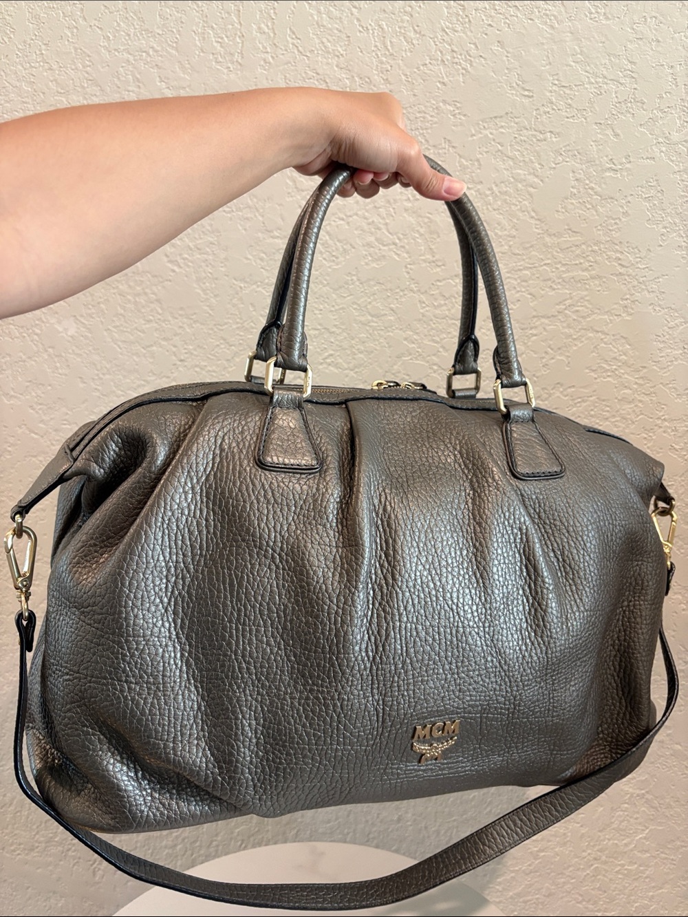 MCM Dark Metallic Pebbled Leather Duffel Bag with strap